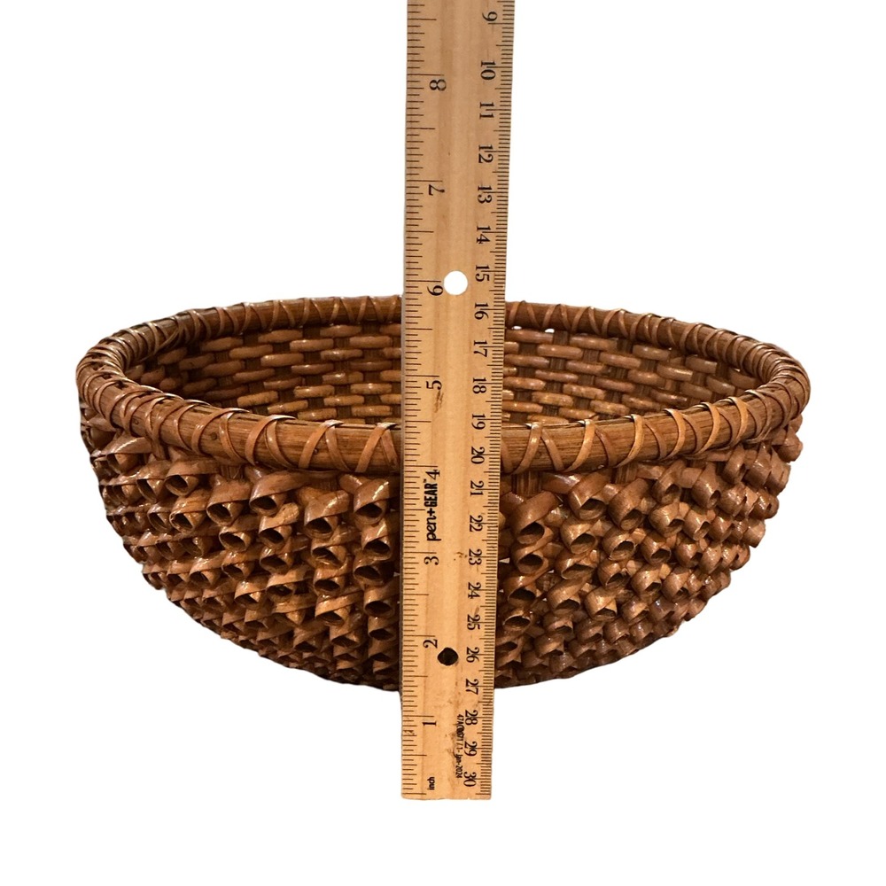 Vintage Porcupine Curly Weave Wicker Basket Round Wood Base Brown 10.5 Inch Bowl - Picture 3 of 7